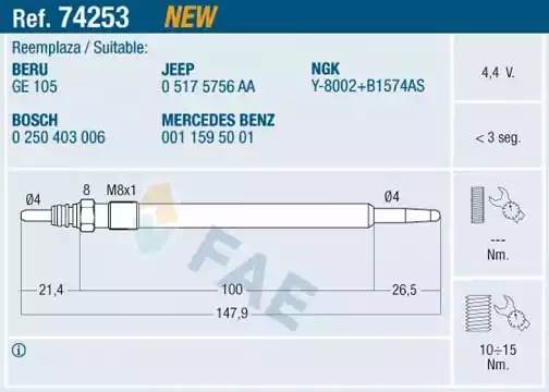 Свеча накаливания 74253 FAE